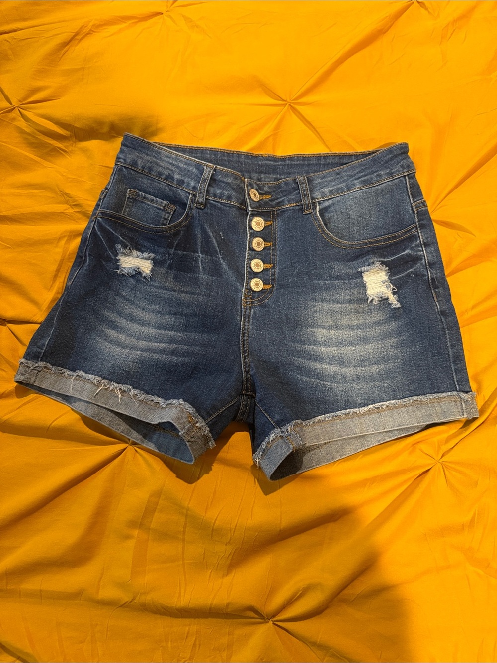 High-Rise Distressed Button-Front Denim Shorts - Blue